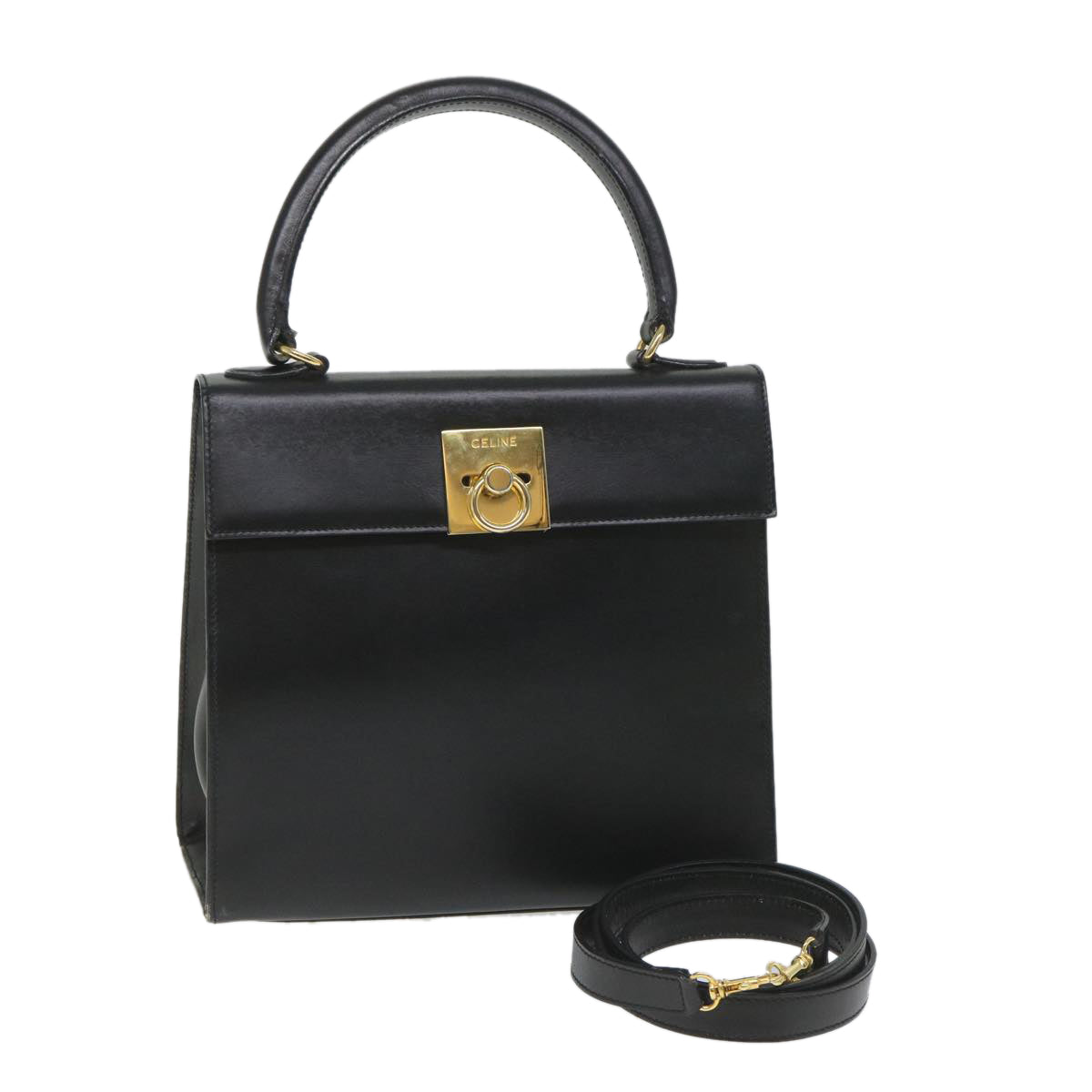 CELINE Hand Bag Leather 2way Black Auth hk901