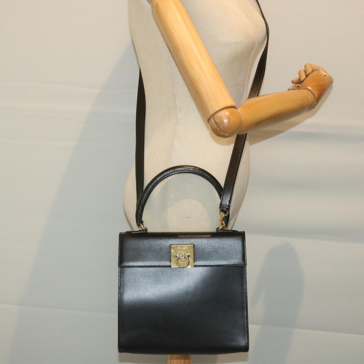 CELINE Hand Bag Leather 2way Black Auth hk901