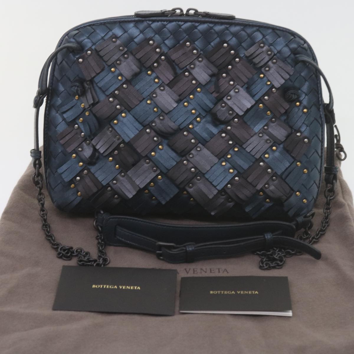 BOTTEGA VENETA INTRECCIATO Nodini Shoulder Bag Leather Navy Bronze Auth hk942