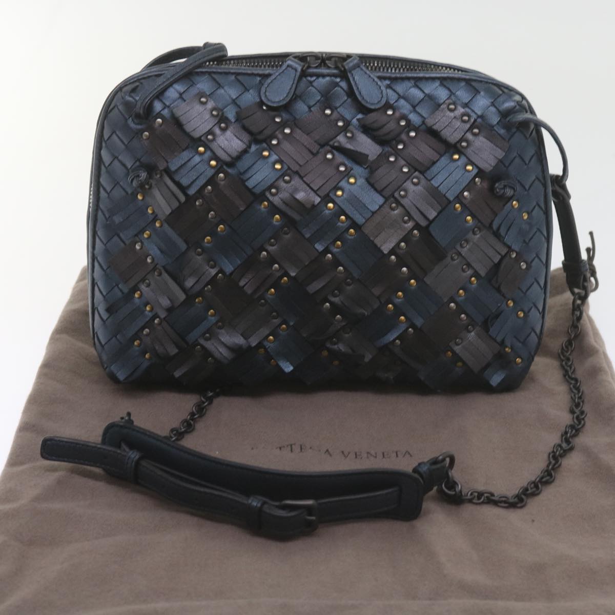 BOTTEGA VENETA INTRECCIATO Nodini Shoulder Bag Leather Navy Bronze Auth hk942