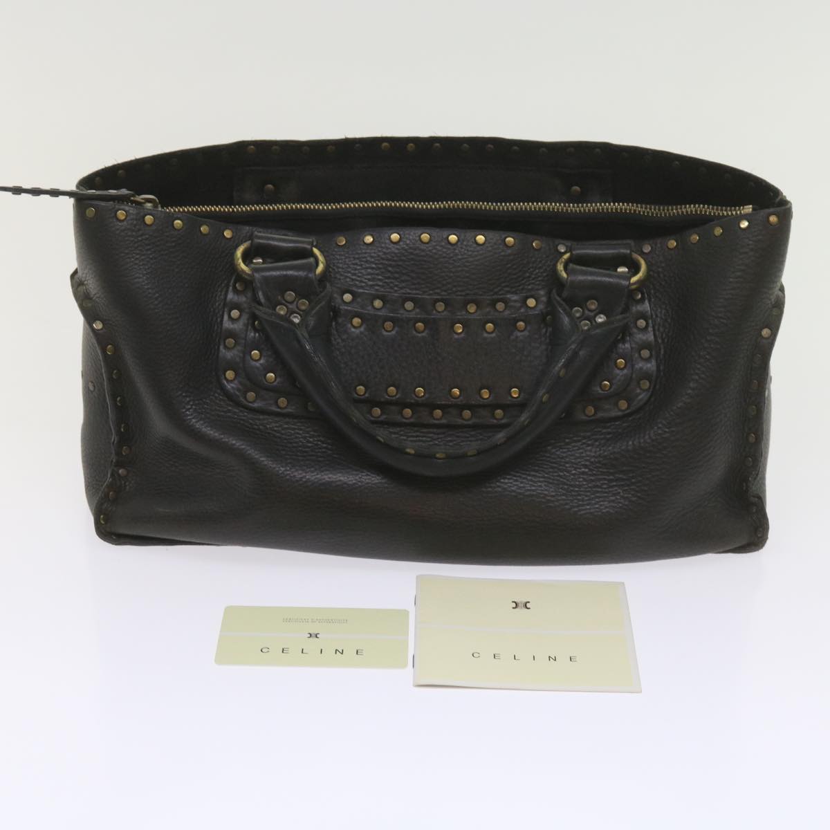 CELINE Hand Bag Leather Black Auth hk948