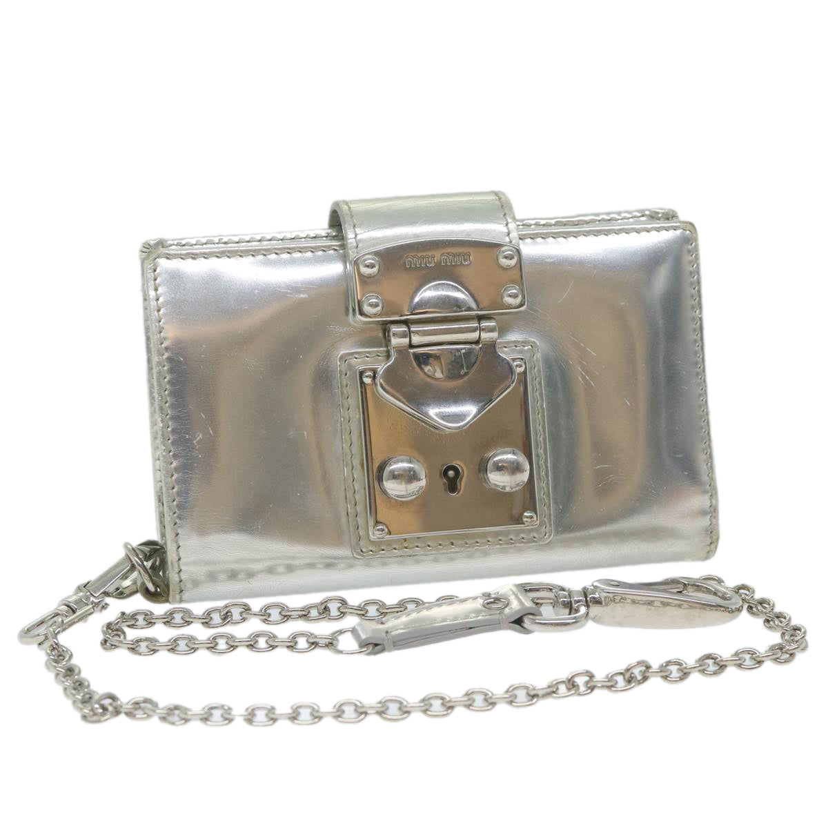 Miu Miu Chain Wallet Patent leather Silver Auth hk979