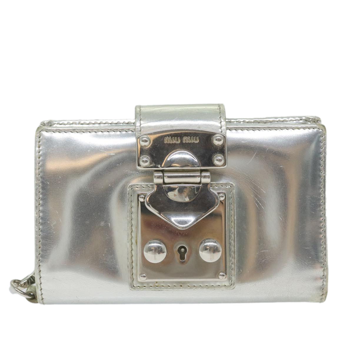 Miu Miu Chain Wallet Patent leather Silver Auth hk979