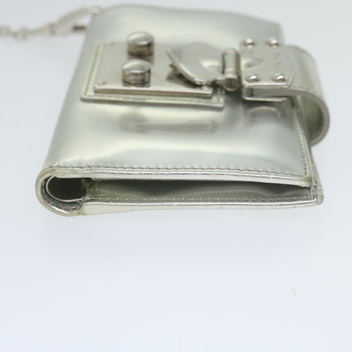 Miu Miu Chain Wallet Patent leather Silver Auth hk979