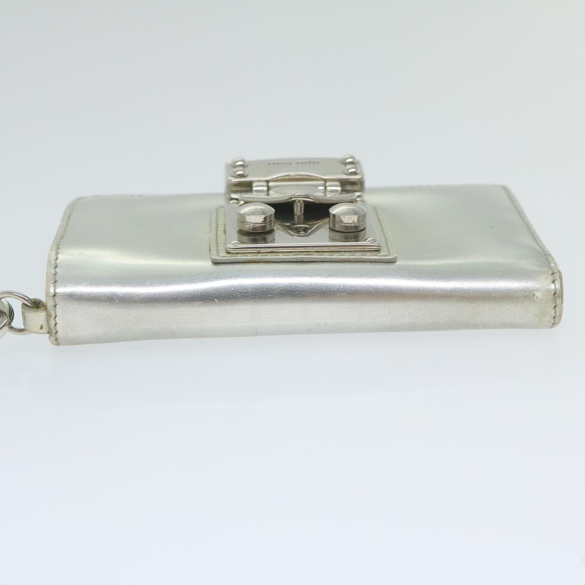 Miu Miu Chain Wallet Patent leather Silver Auth hk979