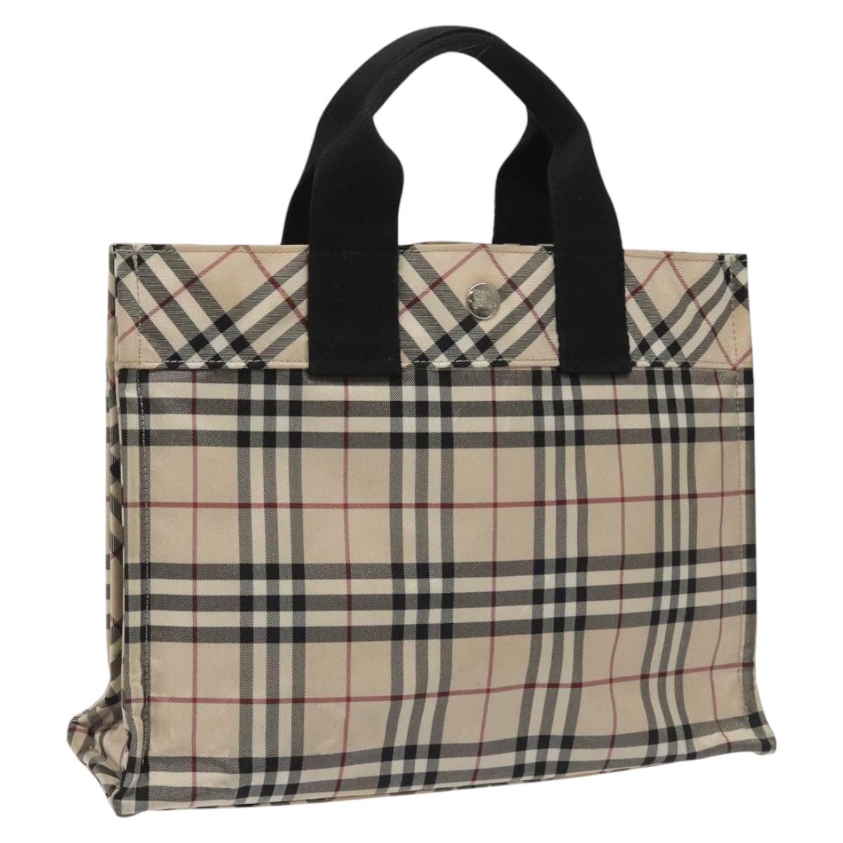 BURBERRY Nova Check Blue Label Hand Bag Nylon Silver Beige Auth hs1698