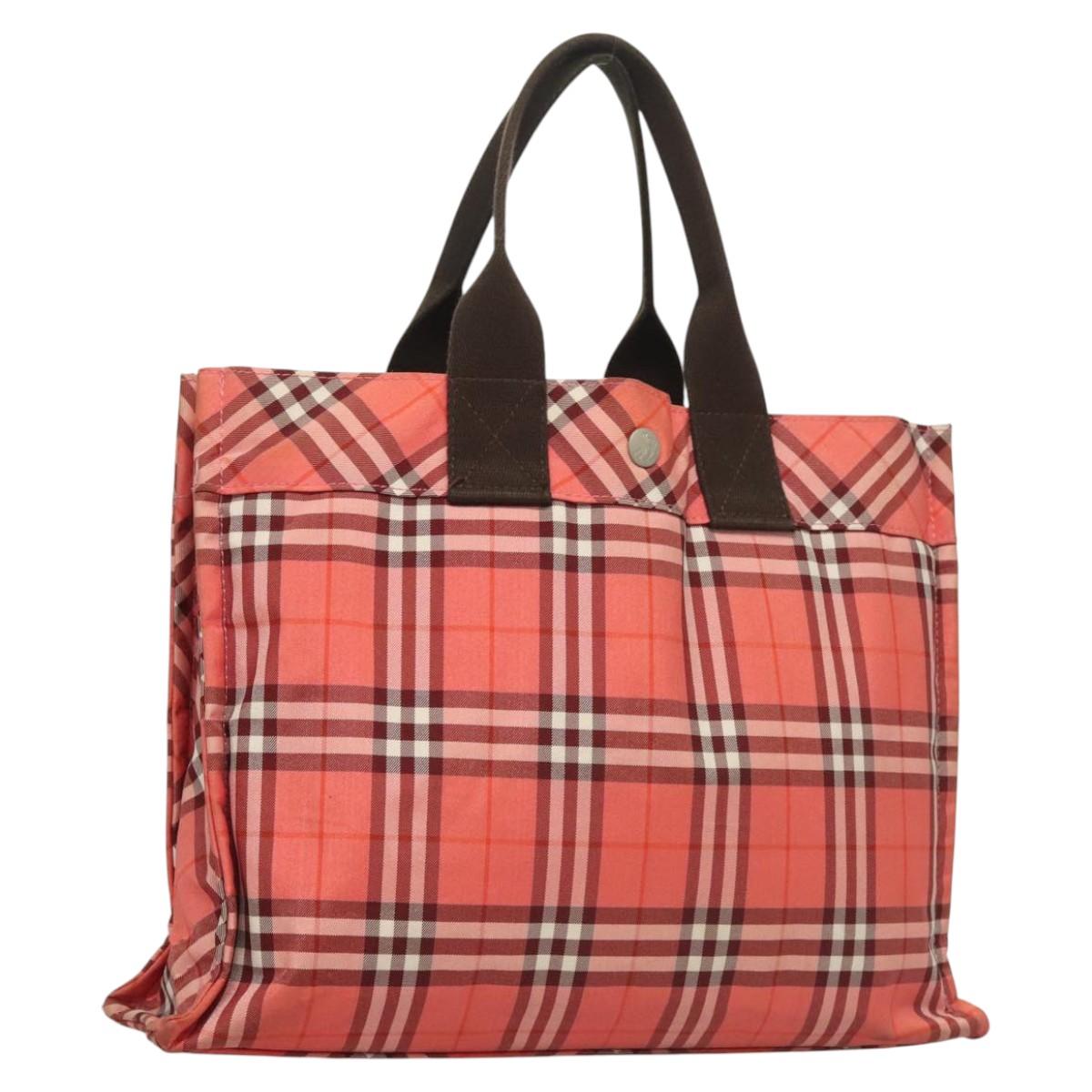 BURBERRY Nova Check Blue Label Hand Bag Nylon Pink Silver Auth hs1706