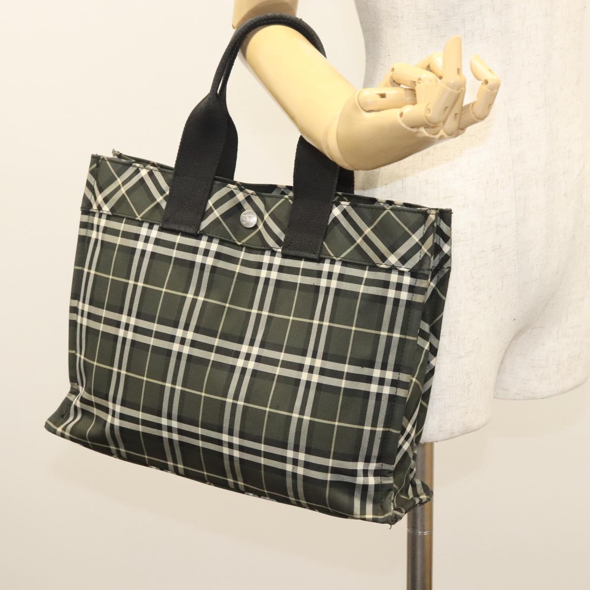 Burberrys Nova Check Blue Label Hand Bag Nylon Khaki Silver Auth hs1707