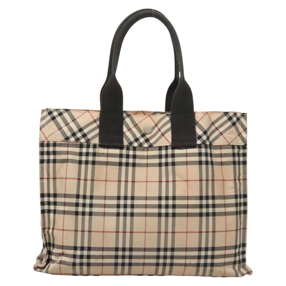 BURBERRY Nova Check Blue Label Hand Bag Nylon Beige Silver Auth hs1709