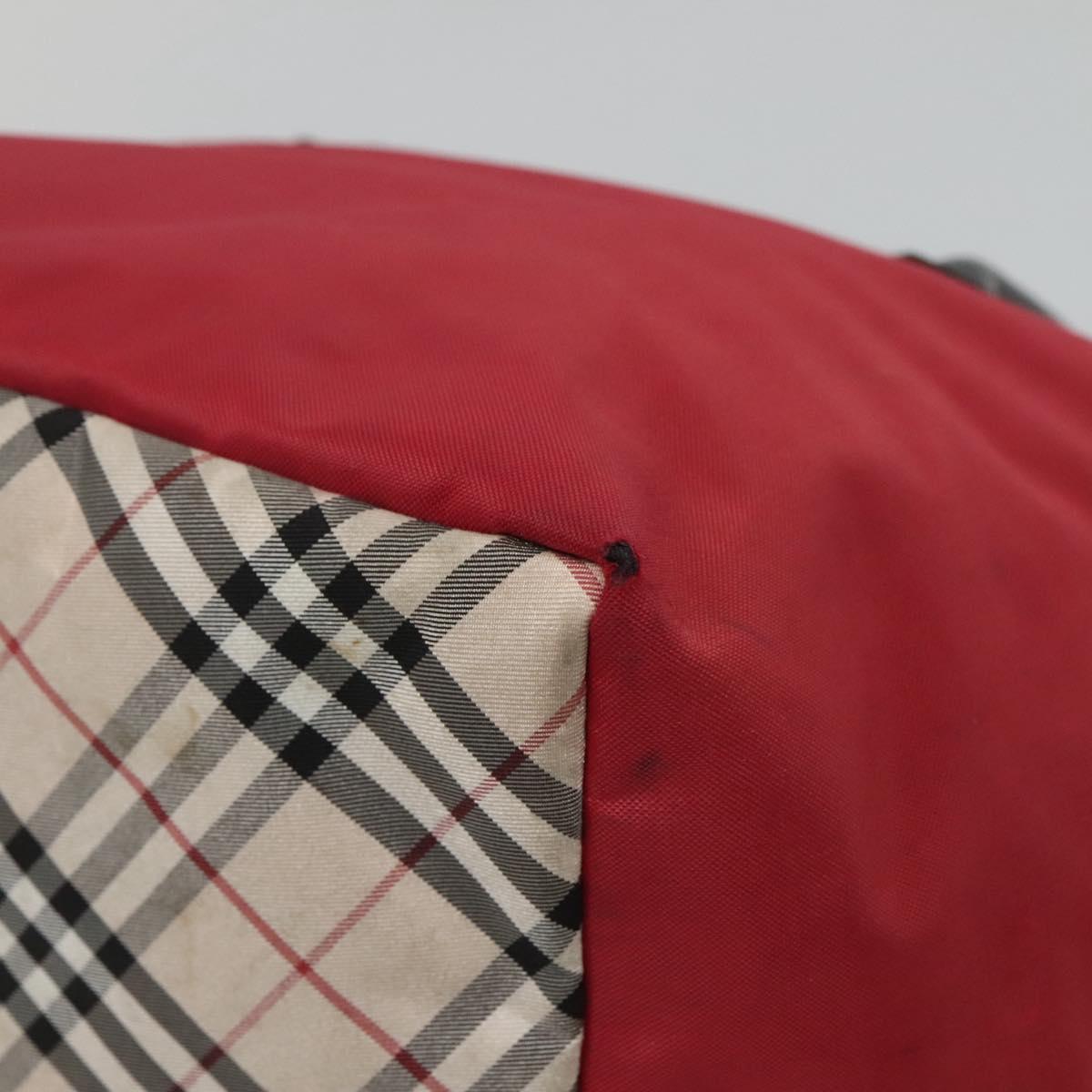 BURBERRY Nova Check Blue Label Hand Bag Nylon Red Silver Auth hs1713