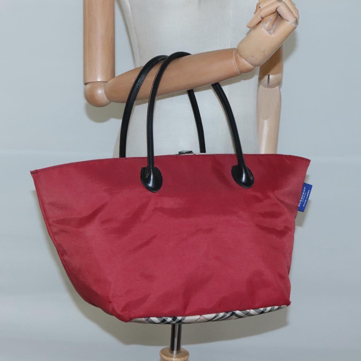 BURBERRY Nova Check Blue Label Hand Bag Nylon Red Silver Auth hs1713