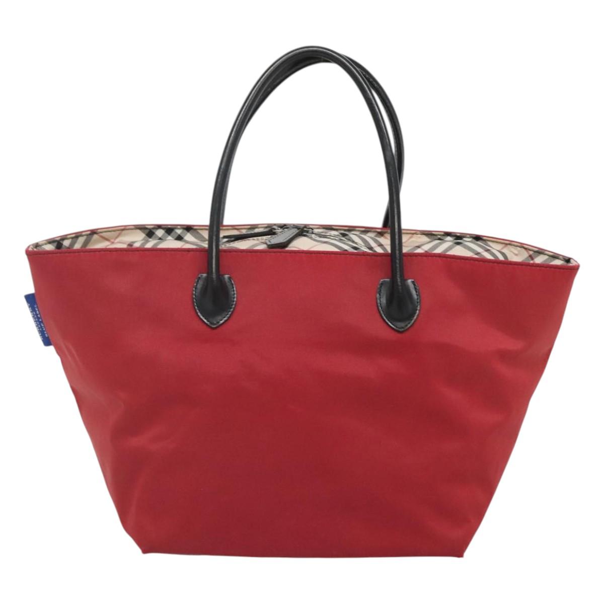 BURBERRY Nova Check Blue Label Hand Bag Nylon Red Silver Auth hs1713