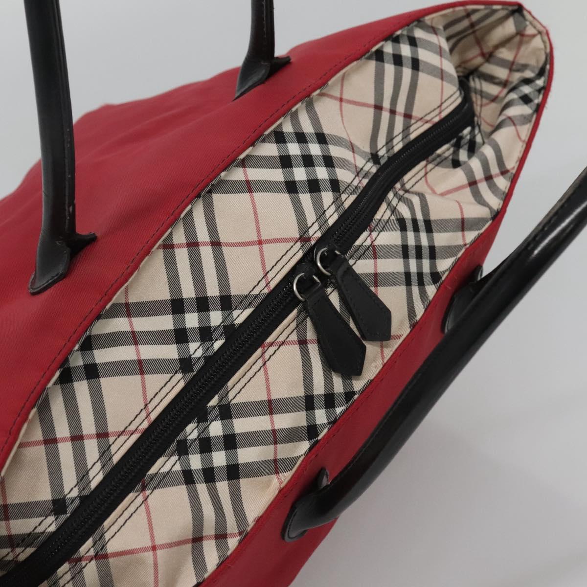 BURBERRY Nova Check Blue Label Hand Bag Nylon Red Silver Auth hs1713