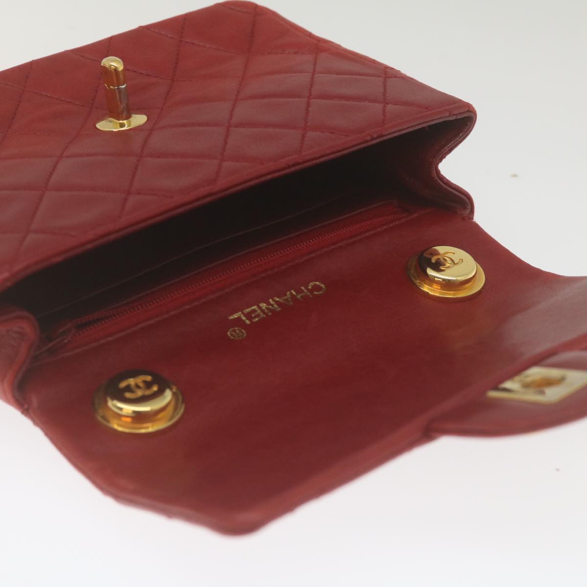 CHANEL Mini Matelasse Chain Flap Hand Bag Lamb Skin Red Gold CC Auth hs688M