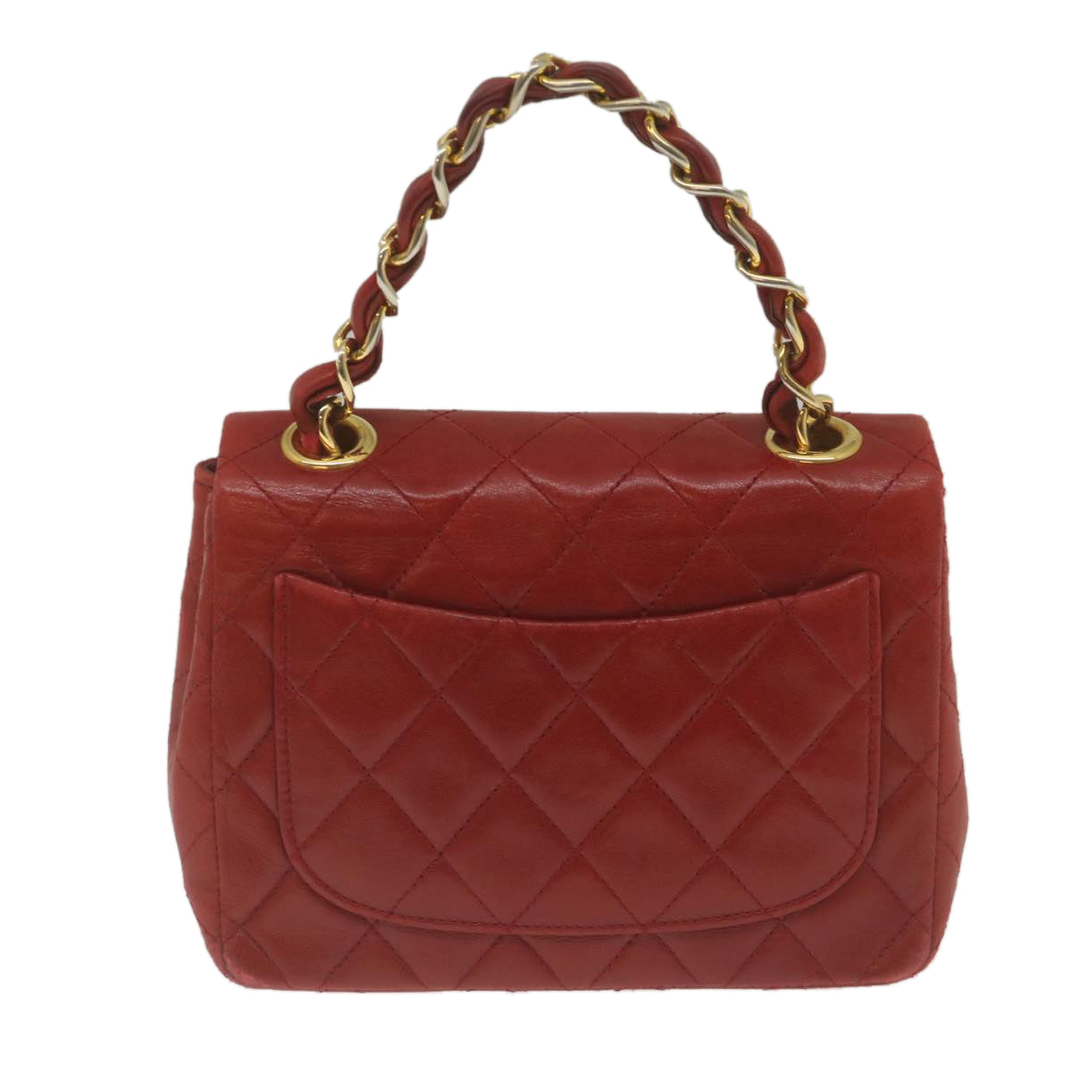 CHANEL Mini Matelasse Chain Flap Hand Bag Lamb Skin  Red Gold CC Auth hs688A