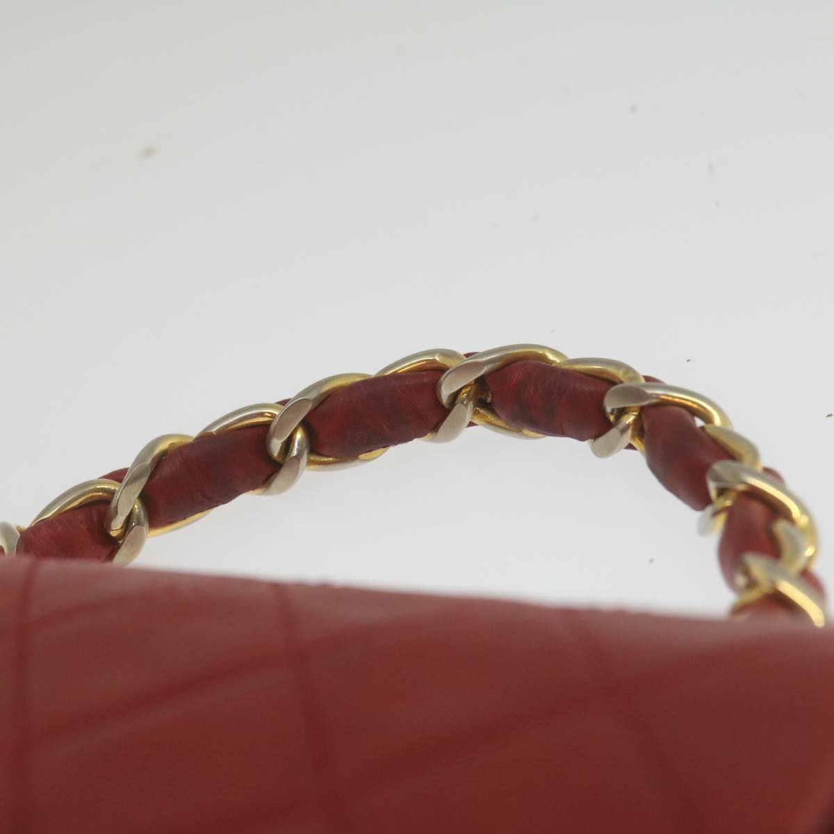 CHANEL Mini Matelasse Chain Flap Hand Bag Lamb Skin Red Gold CC Auth hs688M