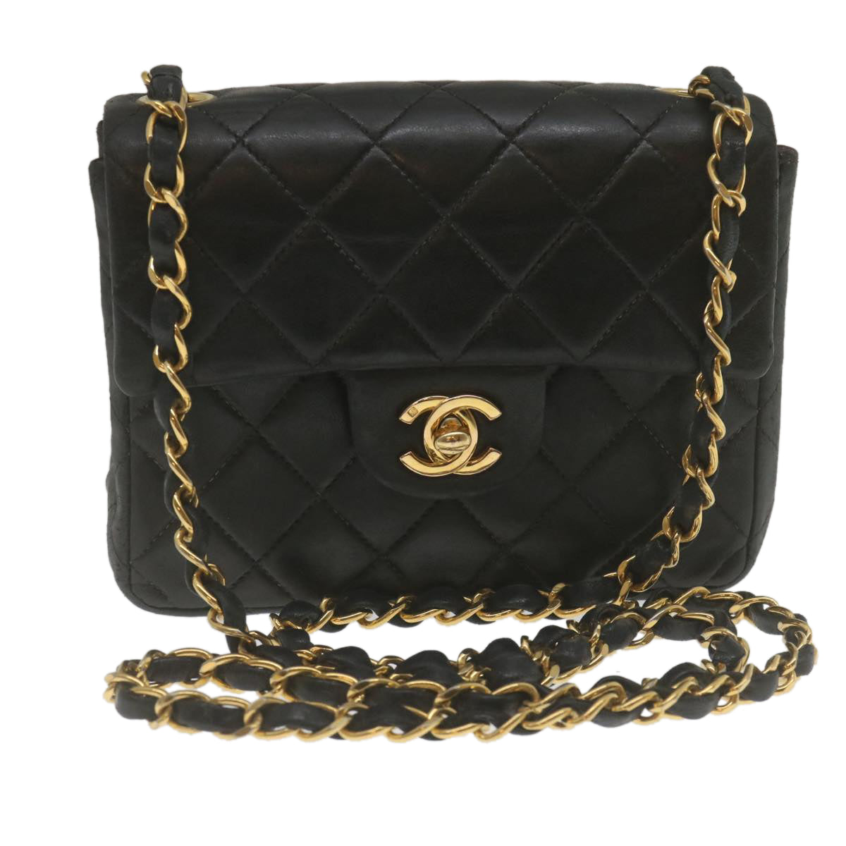 CHANEL Mini Matelasse Chain Flap Shoulder Bag Lamb Skin Black Gold Auth hs689A