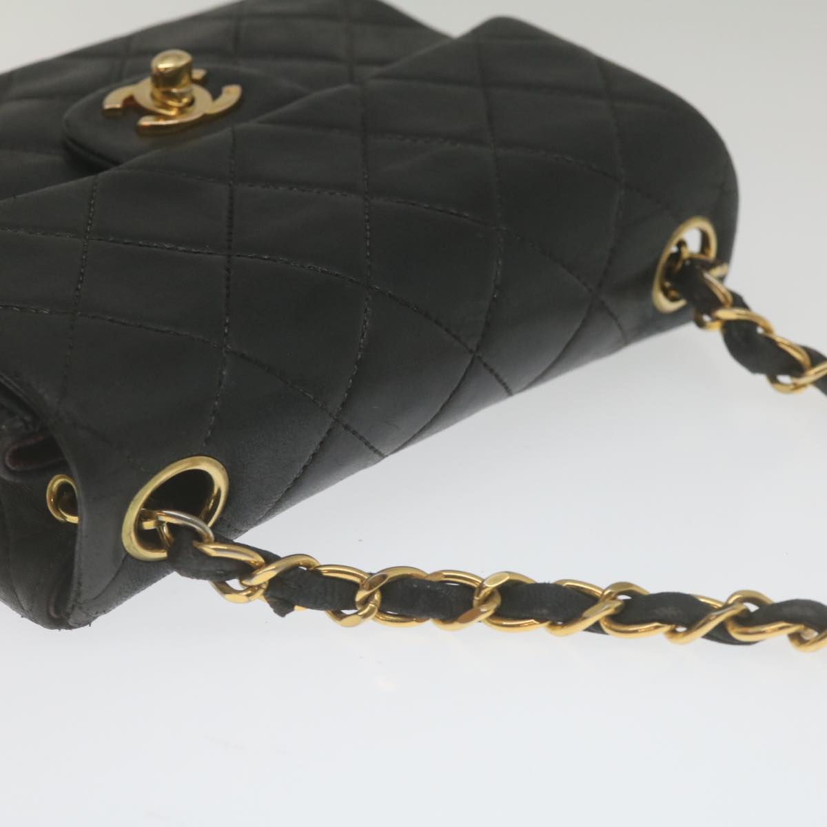 CHANEL Mini Matelasse Chain Flap Shoulder Bag Lamb Skin Black Gold Auth hs689A