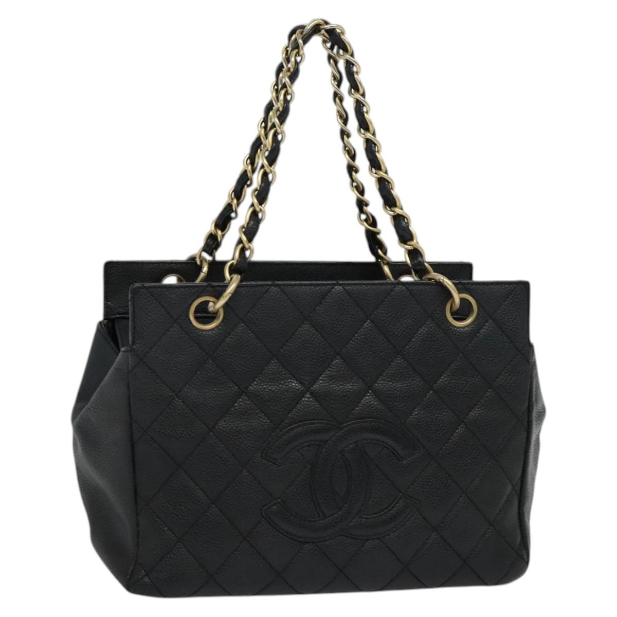 CHANEL Chain Hand Bag Caviar Skin Black Gold CC Auth IN015V