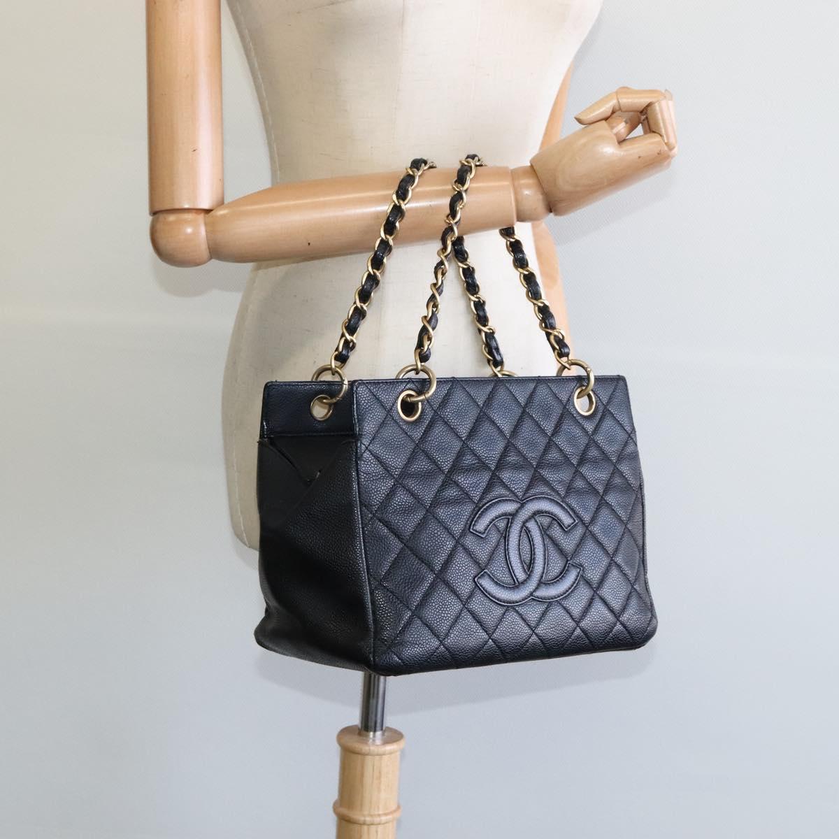 CHANEL Chain Hand Bag Caviar Skin Black Gold CC Auth IN015V