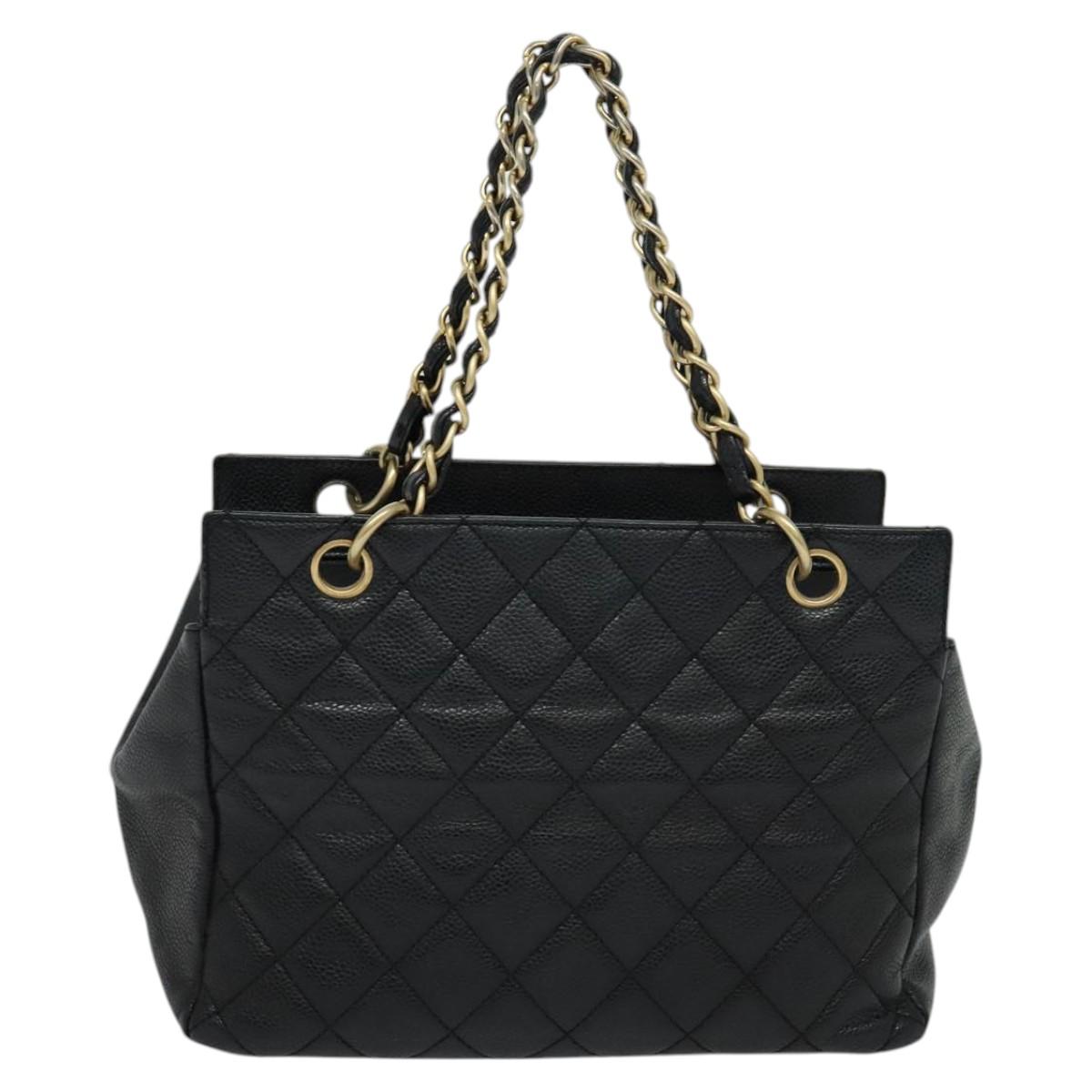 CHANEL Chain Hand Bag Caviar Skin Black Gold CC Auth IN015V