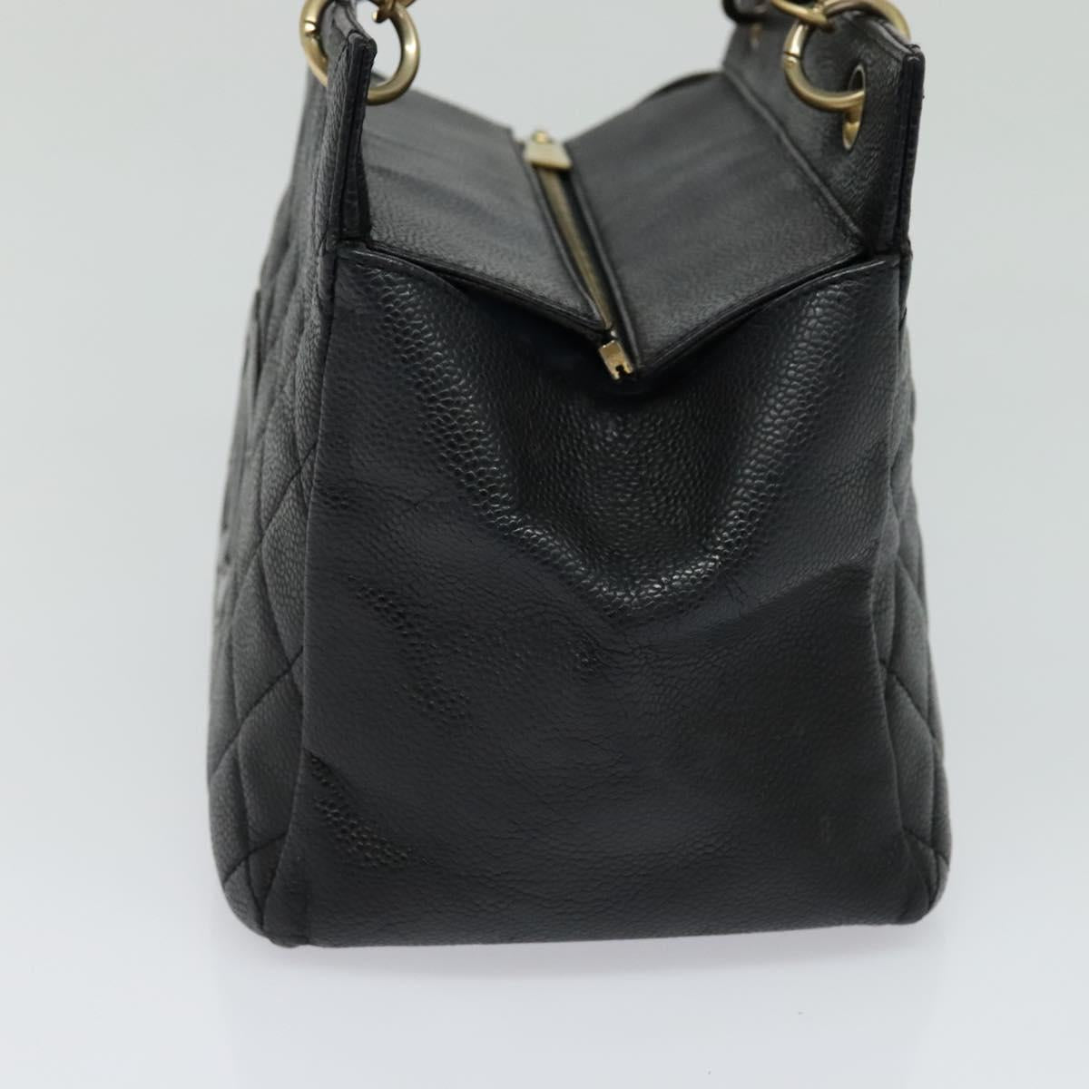 CHANEL Chain Hand Bag Caviar Skin Black Gold CC Auth IN015V