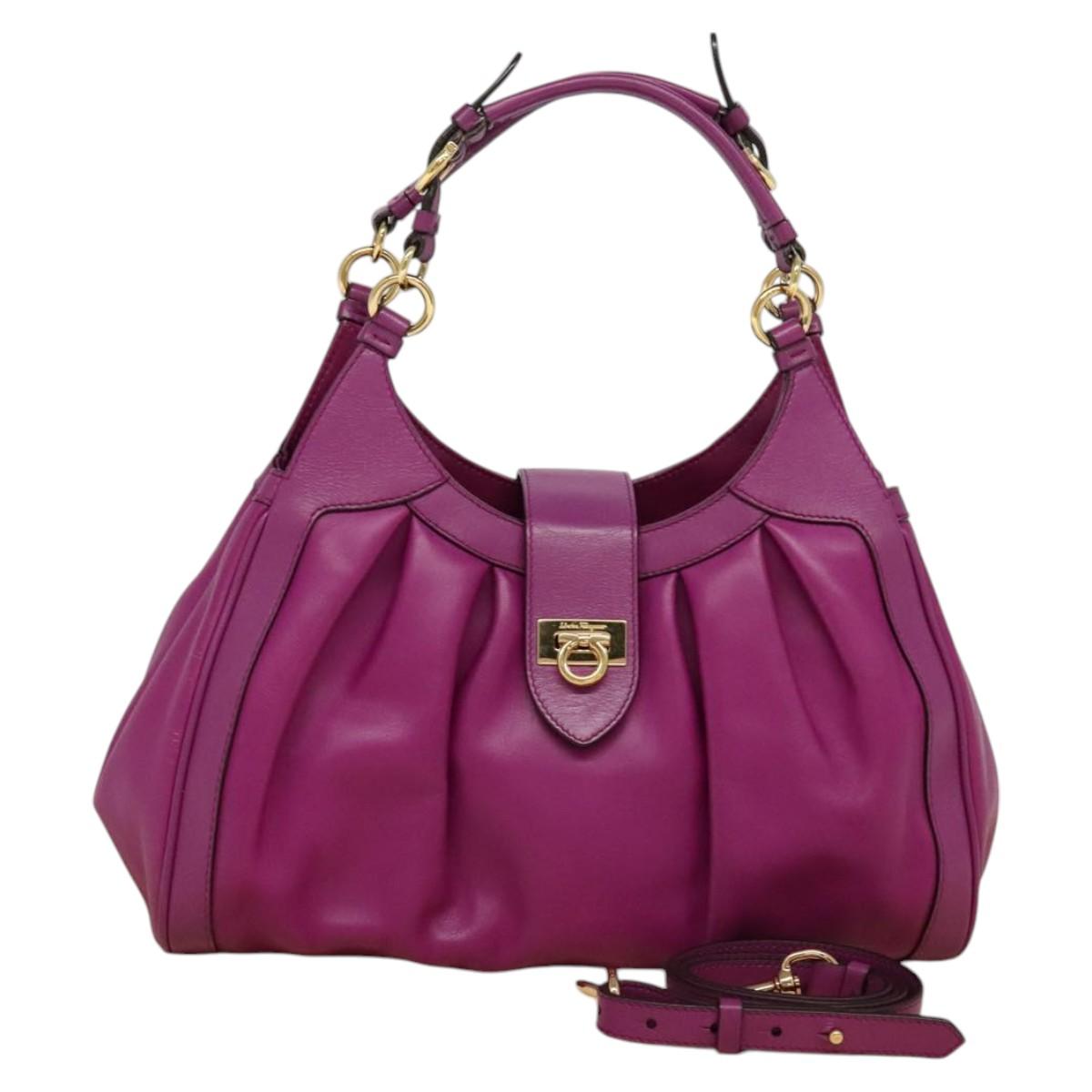 Salvatore Ferragamo Gancini Hand Bag Leather 2way Purple Gold Auth IN020