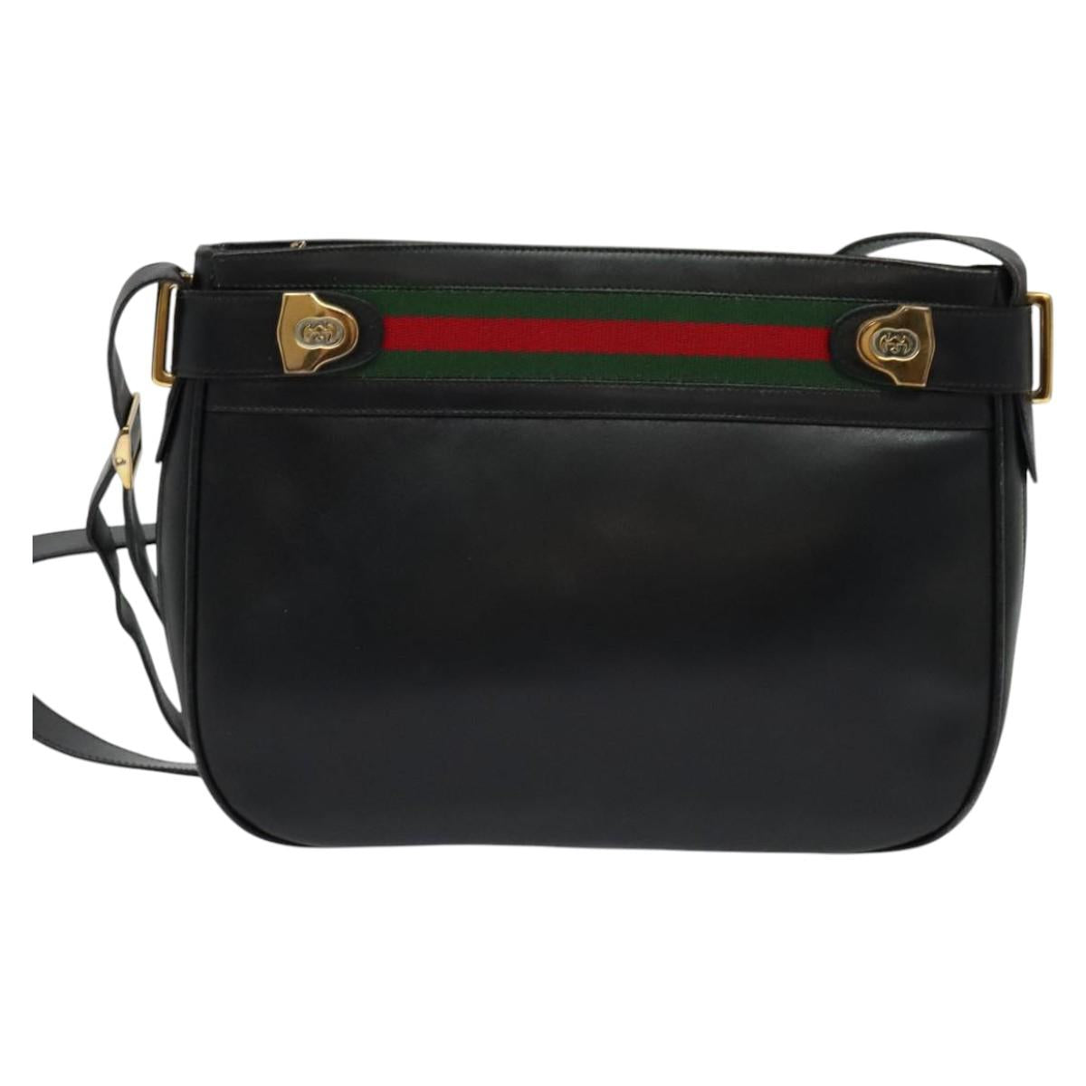 GUCCI Web Sherry Line Shoulder Bag Leather Black Gold Red Auth IN032