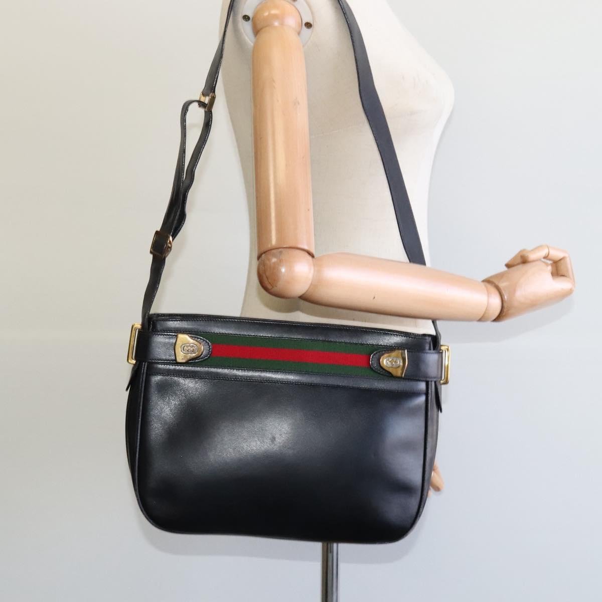 GUCCI Web Sherry Line Shoulder Bag Leather Black Gold Red Auth IN032