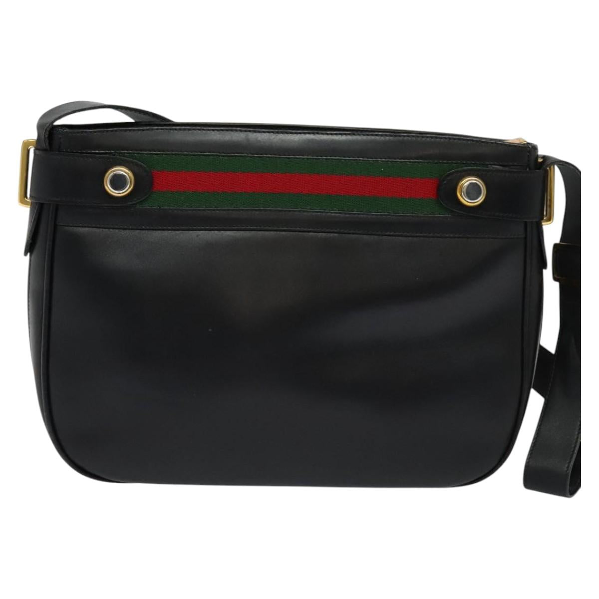 GUCCI Web Sherry Line Shoulder Bag Leather Black Gold Red Auth IN032
