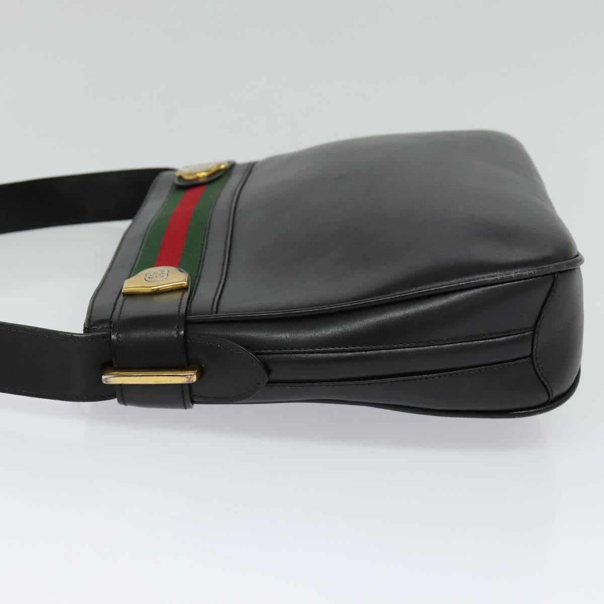 GUCCI Web Sherry Line Shoulder Bag Leather Black Gold Red Auth IN032
