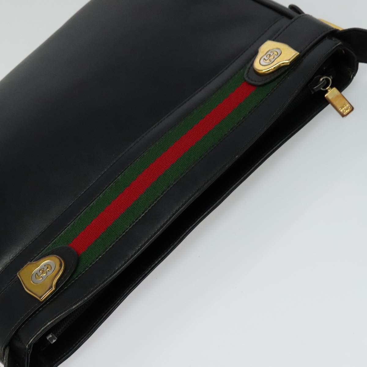 GUCCI Web Sherry Line Shoulder Bag Leather Black Gold Red Auth IN032