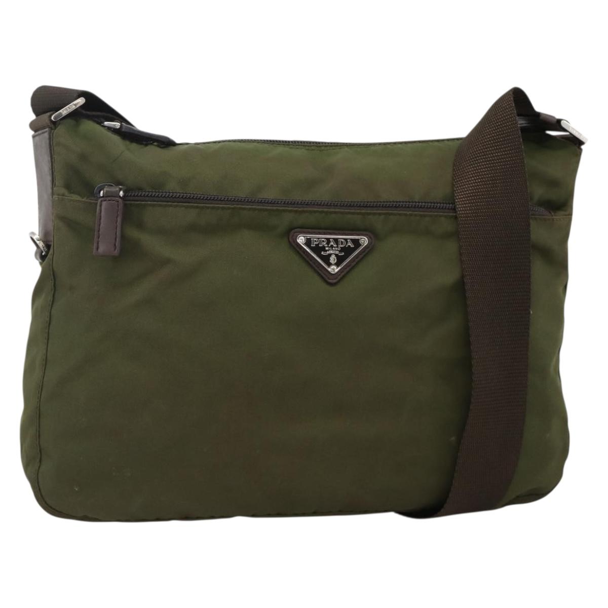 PRADA Shoulder Bag Nylon Khaki Silver Auth INZ035
