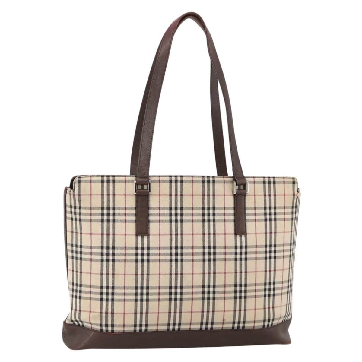 BURBERRY Nova Check Tote Bag Canvas Beige Silver Auth INZ053
