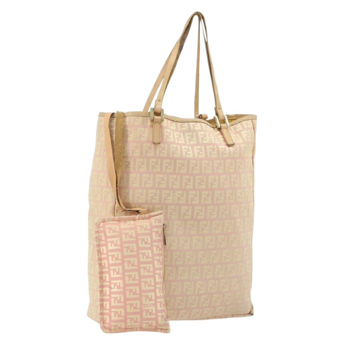 FENDI Zucchino Canvas Tote Bag Pink Gold Auth INZ062