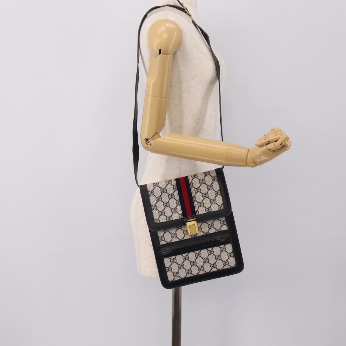 GUCCI GG Supreme Sherry Line Shoulder Bag PVC Navy Gold Auth INZ082