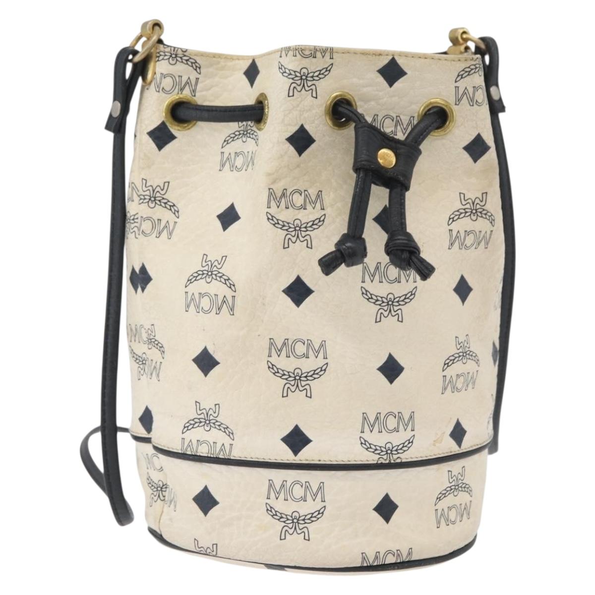 MCM Vicetos Logogram Shoulder Bag PVC White Gold Auth INZ084