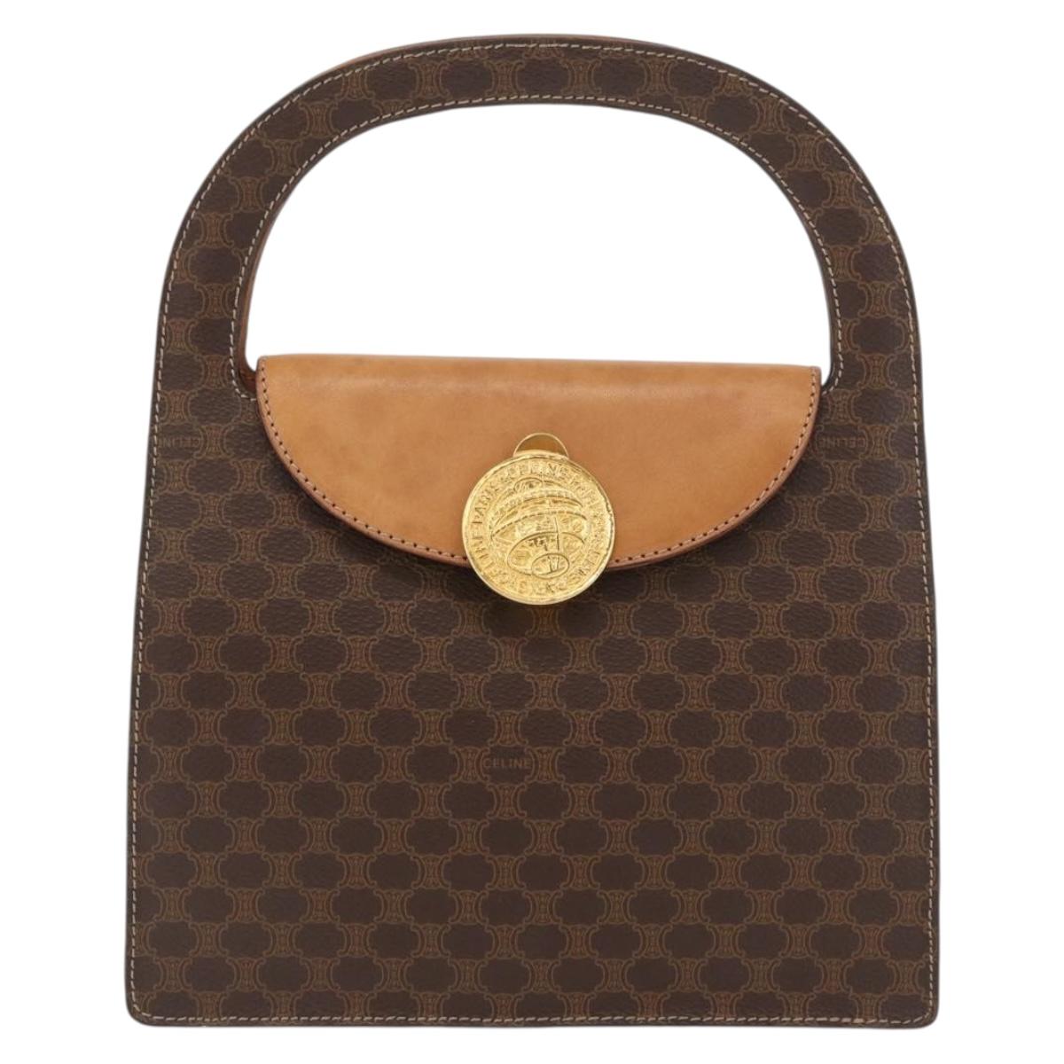 CELINE Macadam Canvas Medallion Hand Bag PVC Leather Brown Gold Auth INZ093A