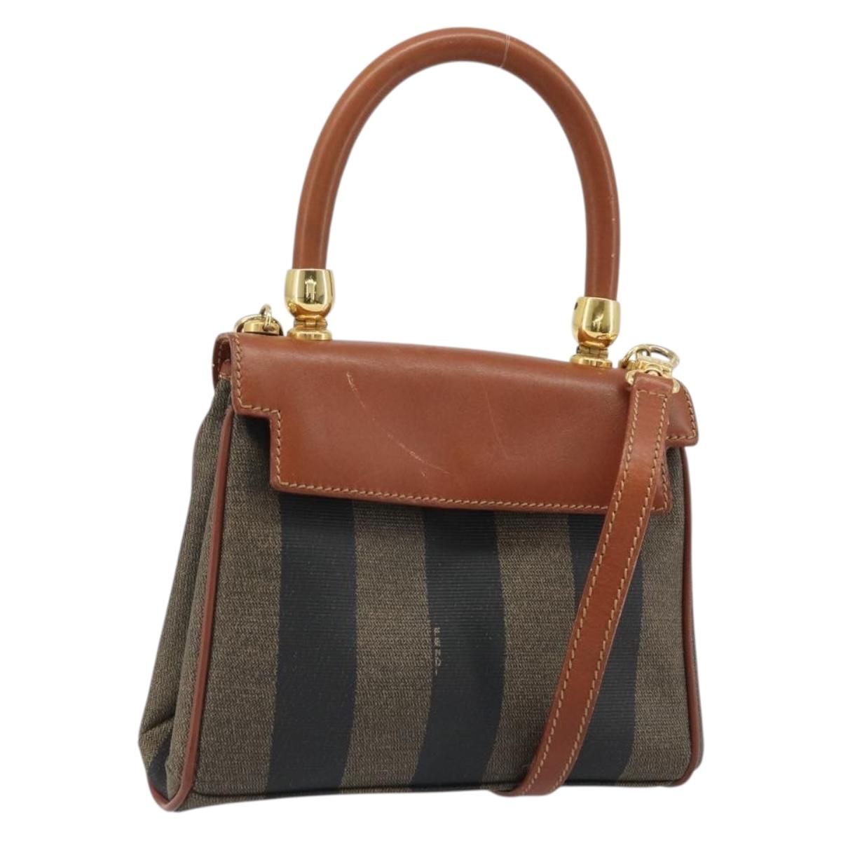 FENDI Pecan Canvas Hand Bag PVC 2way Black Brown Auth INZ095