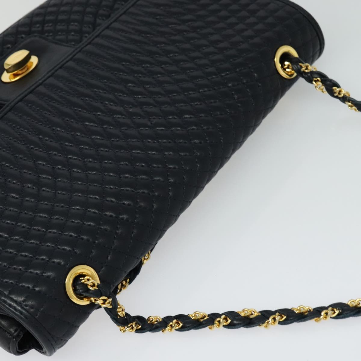BALLY Quilted Chain Shoulder Bag Leather Black Gold Auth JB009