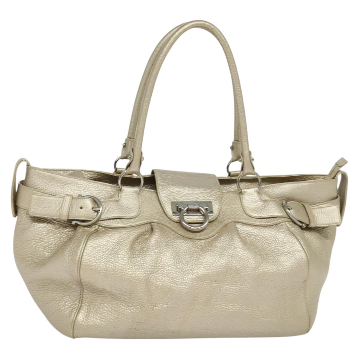 Salvatore Ferragamo Gancini Tote Bag Leather Silver Gold Auth JB034
