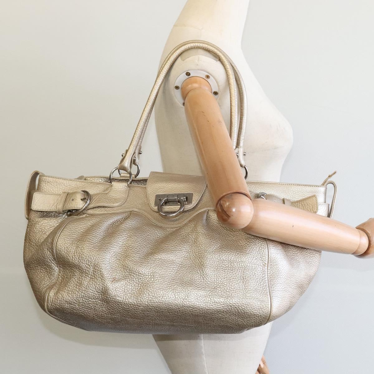 Salvatore Ferragamo Gancini Tote Bag Leather Silver Gold Auth JB034