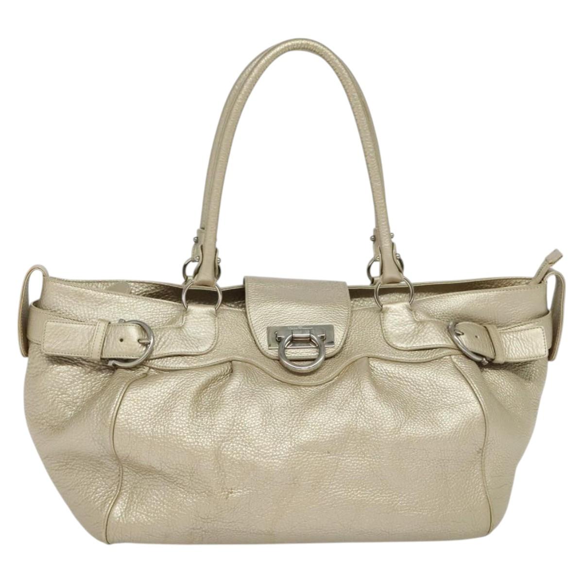 Salvatore Ferragamo Gancini Tote Bag Leather Silver Gold Auth JB034