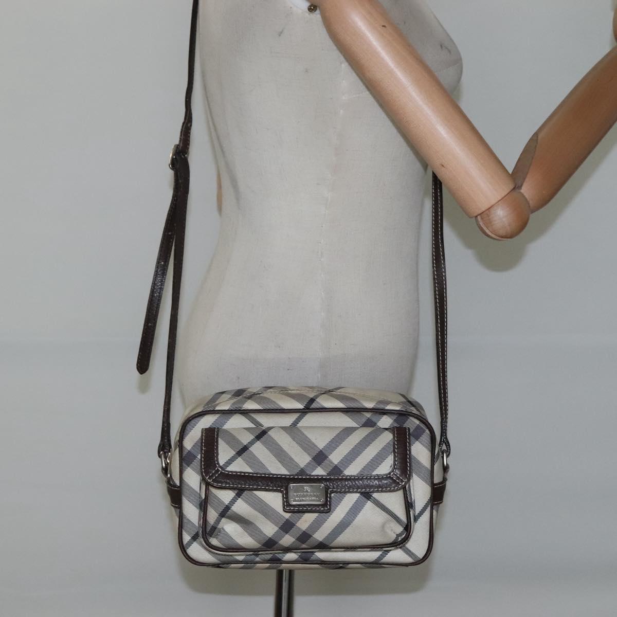 BURBERRY Nova Check Blue Label Shoulder Bag Nylon Beige Silver Auth JB053