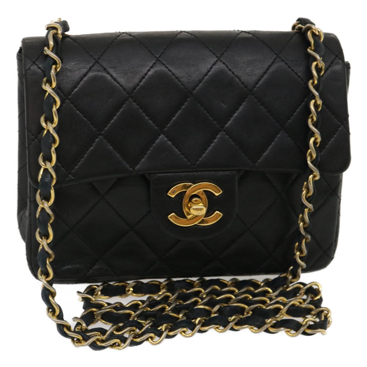 CHANEL Mini Matelasse Chain Flap Shoulder Bag Lamb Skin Black Gold Auth ai651A