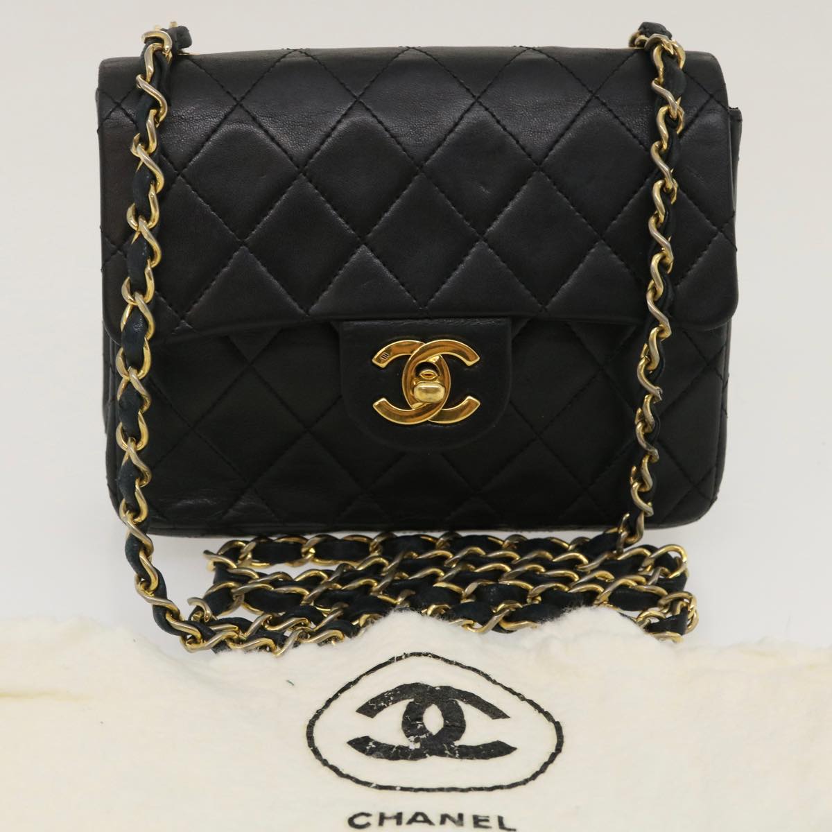 CHANEL Mini Matelasse Chain Flap Shoulder Bag Lamb Skin Black Gold Auth ai651A