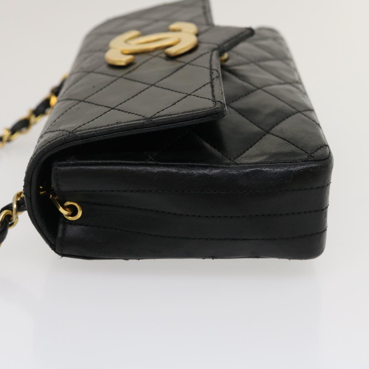 CHANEL Matelasse Shoulder Bag Lamb Skin Black Gold CC Auth jk1831