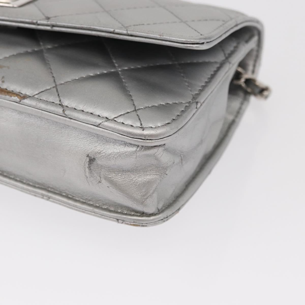 CHANEL Matelasse Chain Wallet Leather Silver CC Auth ka015