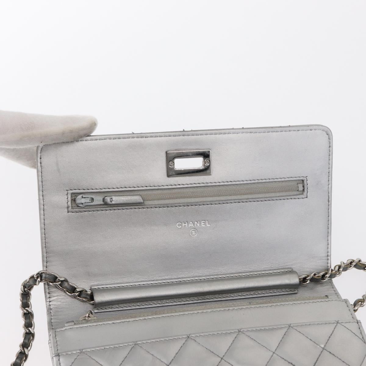 CHANEL Matelasse Chain Wallet Leather Silver CC Auth ka015