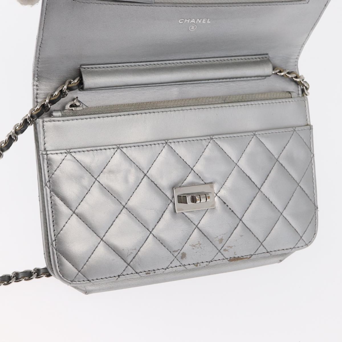 CHANEL Matelasse Chain Wallet Leather Silver CC Auth ka015